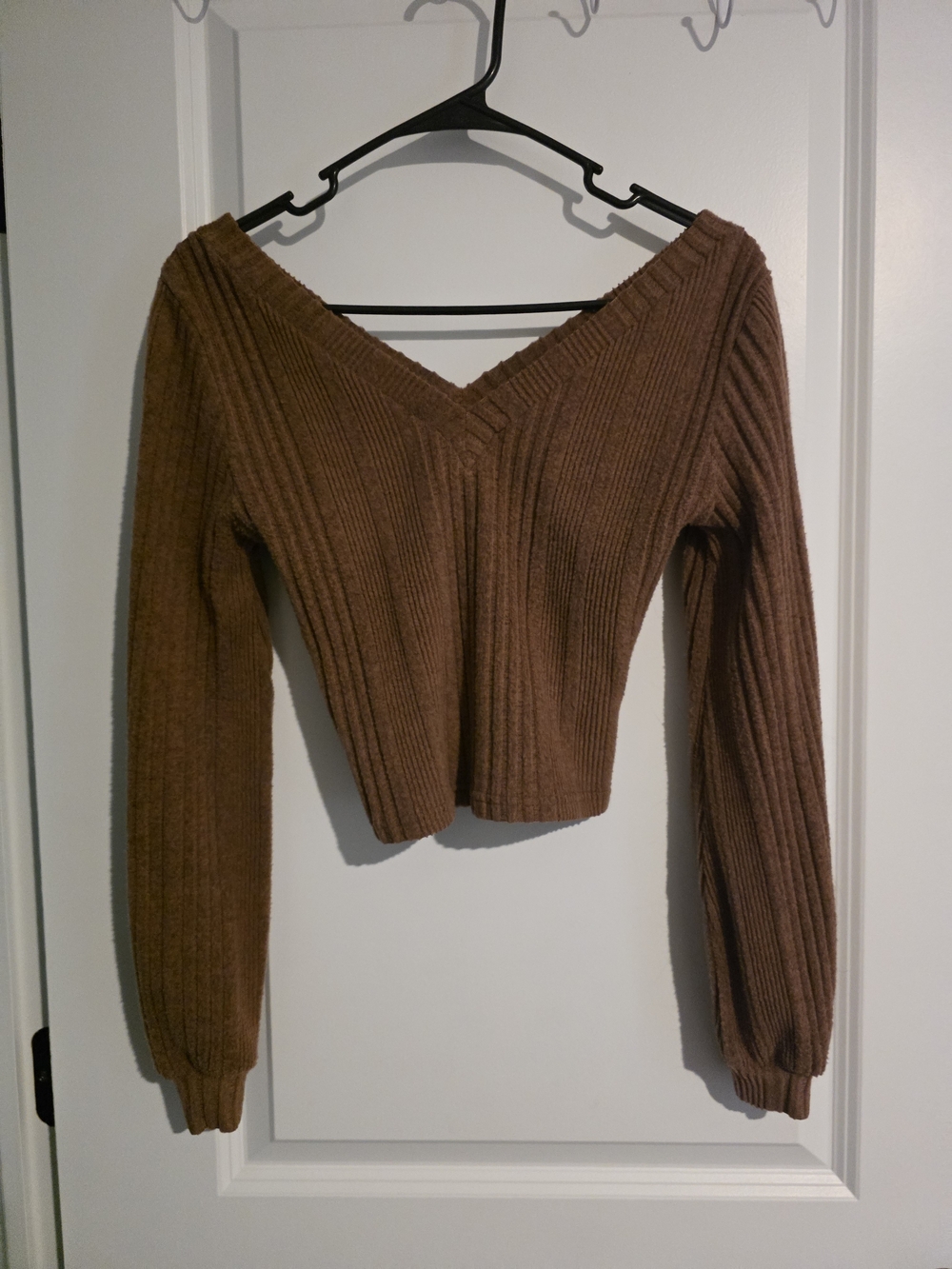 Brown Ribbed V-Neck Women’s Sweater